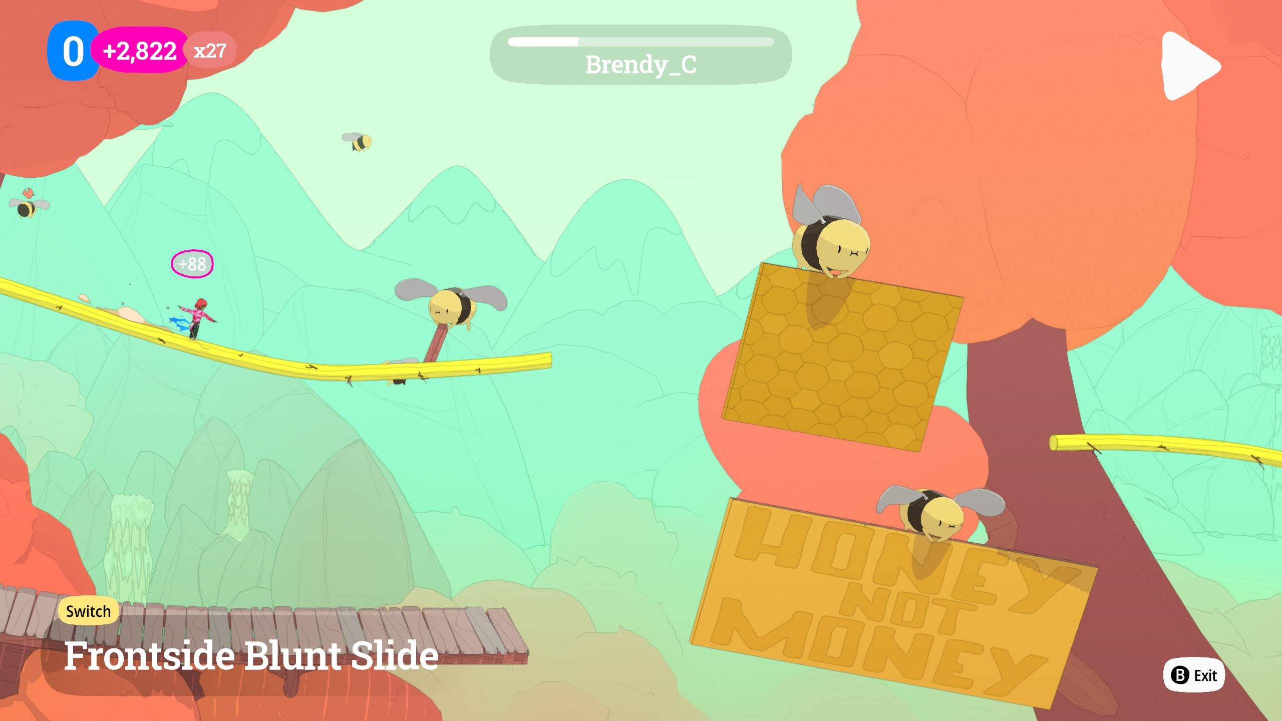 A skater skateboards through a forest while bees fly signs through a gap saying 'Honey not Money' in OlliOlli World