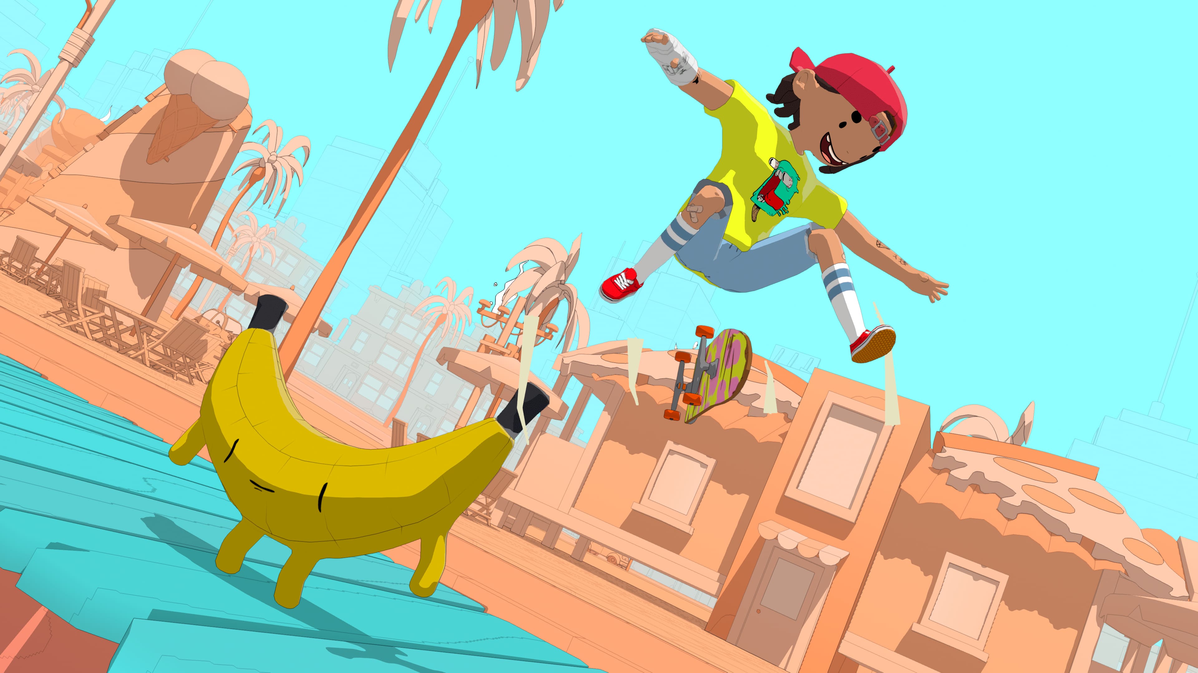 A character in a bright yellow shirt and red ballcap does a skateboard trick off the edge of a bench that looks like a banana.