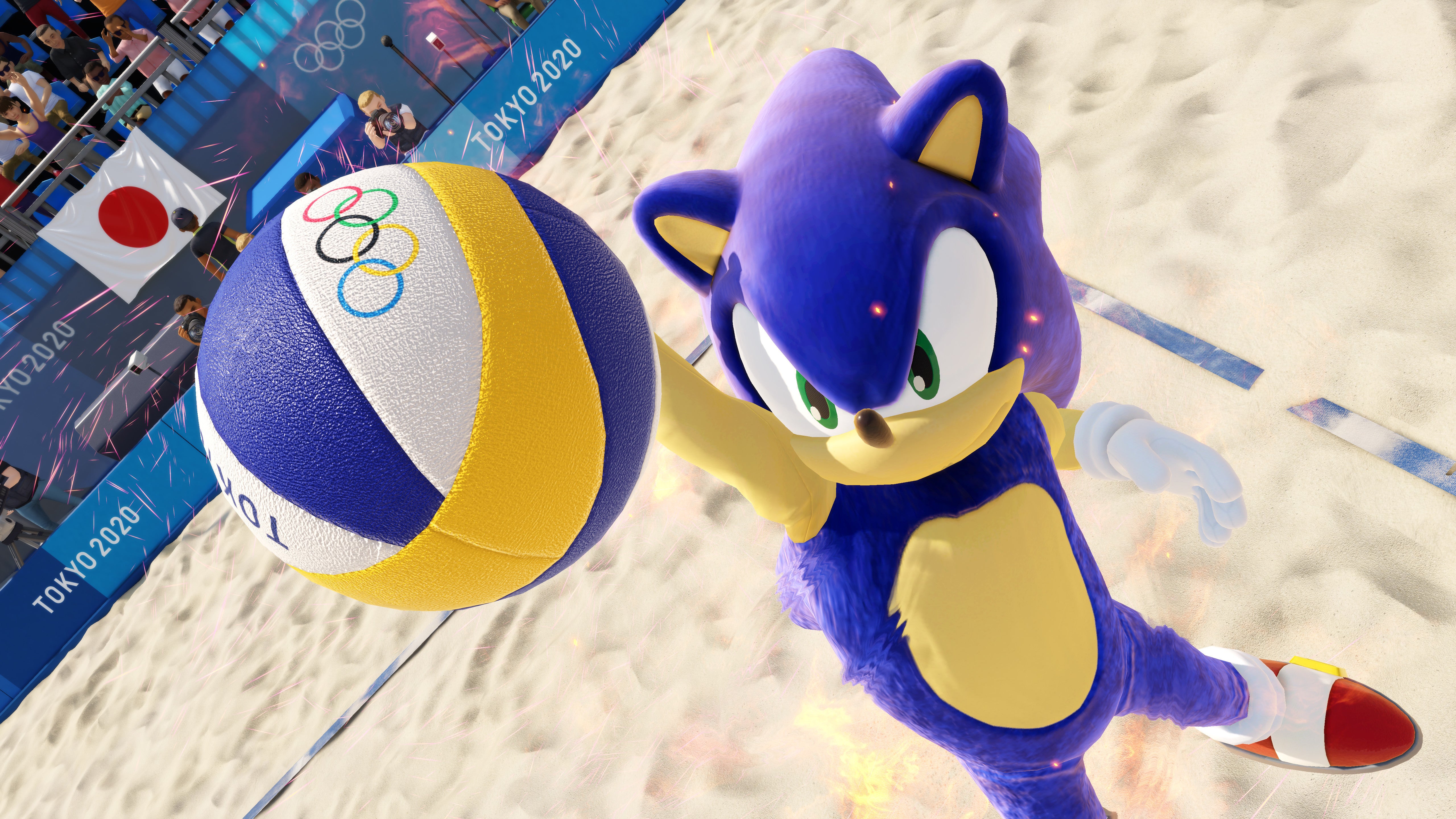 Olympic Games Tokyo 2020 - The Official Video Game: a character in a Sonic mascot outfit playing beach volleyball