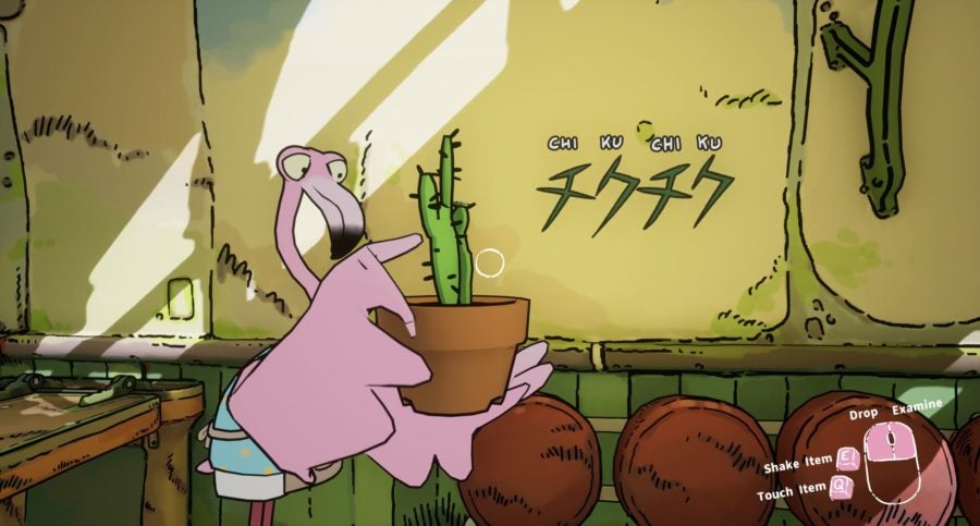 A flamingo holds a cactus in Onomatopeya