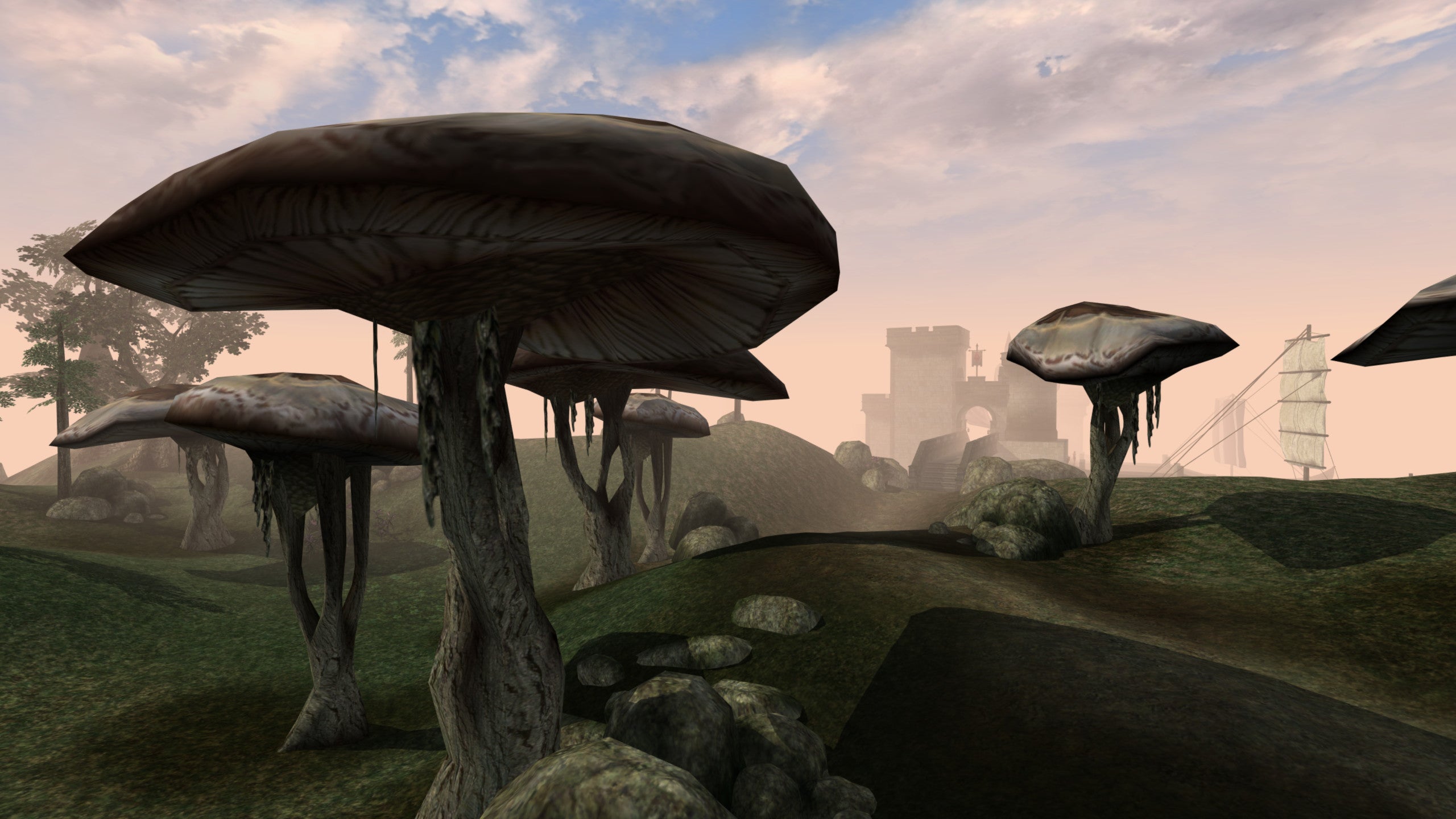 Giant mushrooms in front of a city in a Morrowind screenshot, played with OpenMW.