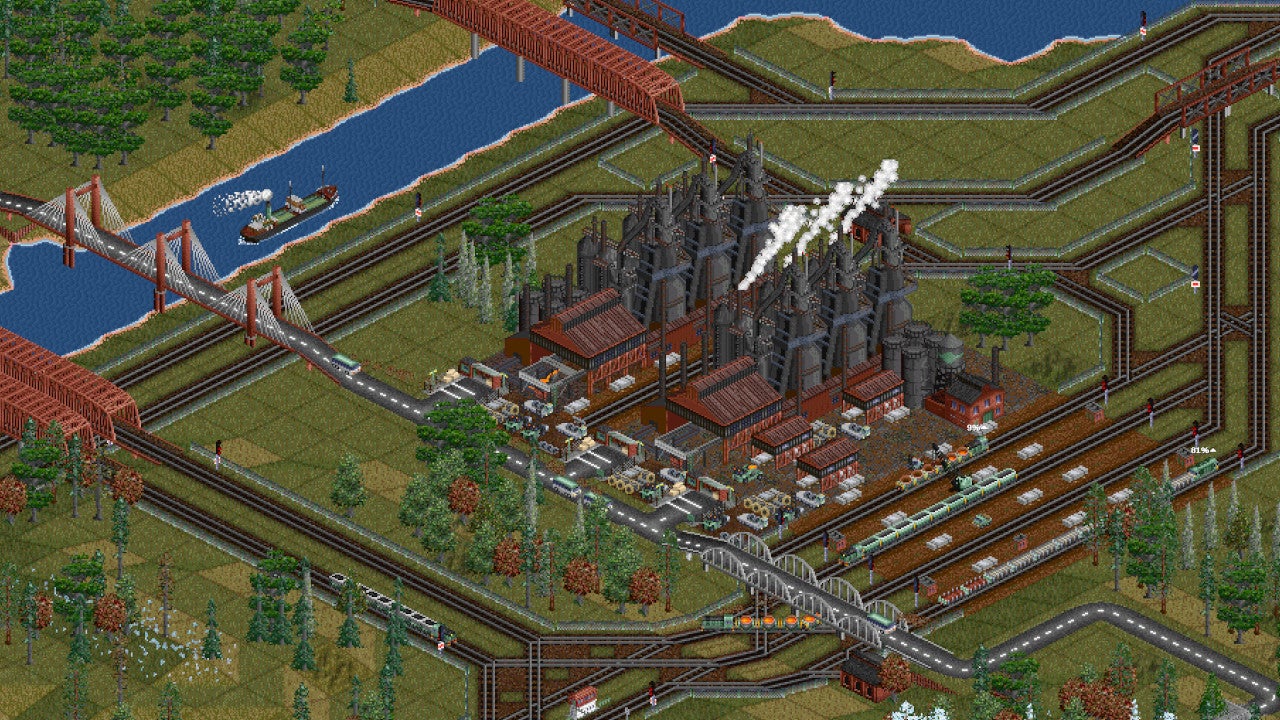 A factory in an OpenTTD screenshot, surrounded by a road, rail, and river transport network.