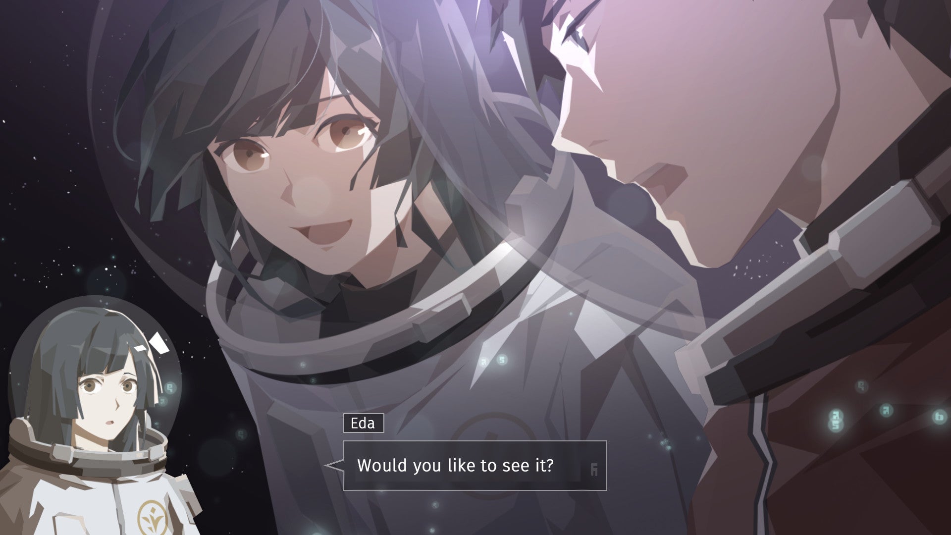 A woman in a spacesuit asks a man 'Would you like to see it?' in an Opus: Echo of Starsong screenshot.