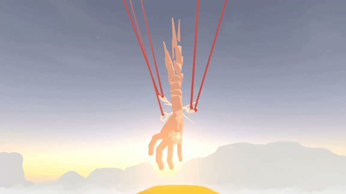 A divine-looking hand pierced with pins and suspended from red ribbons in the sky in an Our Fate screenshot.