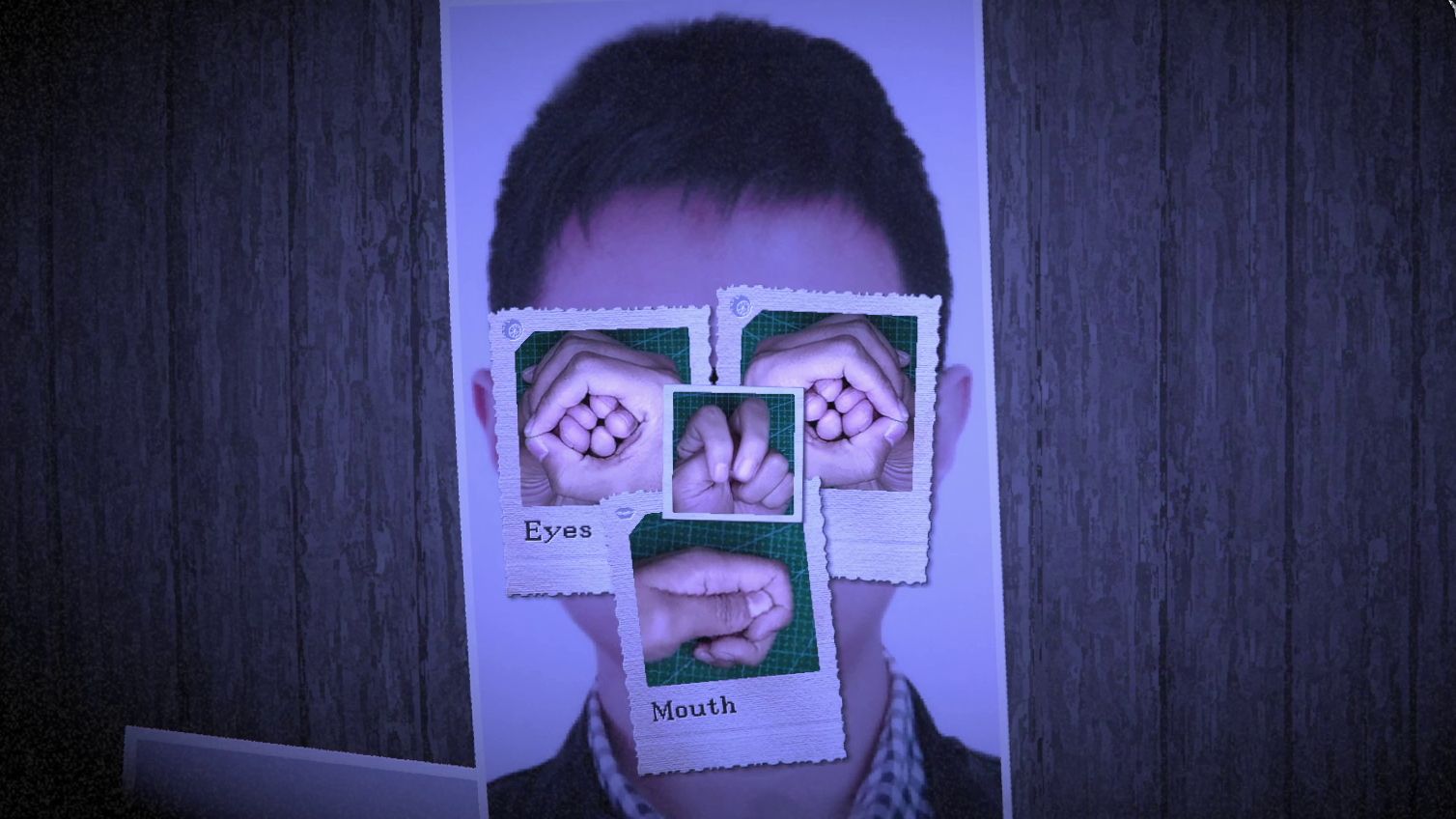 A face where the main features are formed of polaroid photos of hands in different positions, from the title screen of Out Of Hands