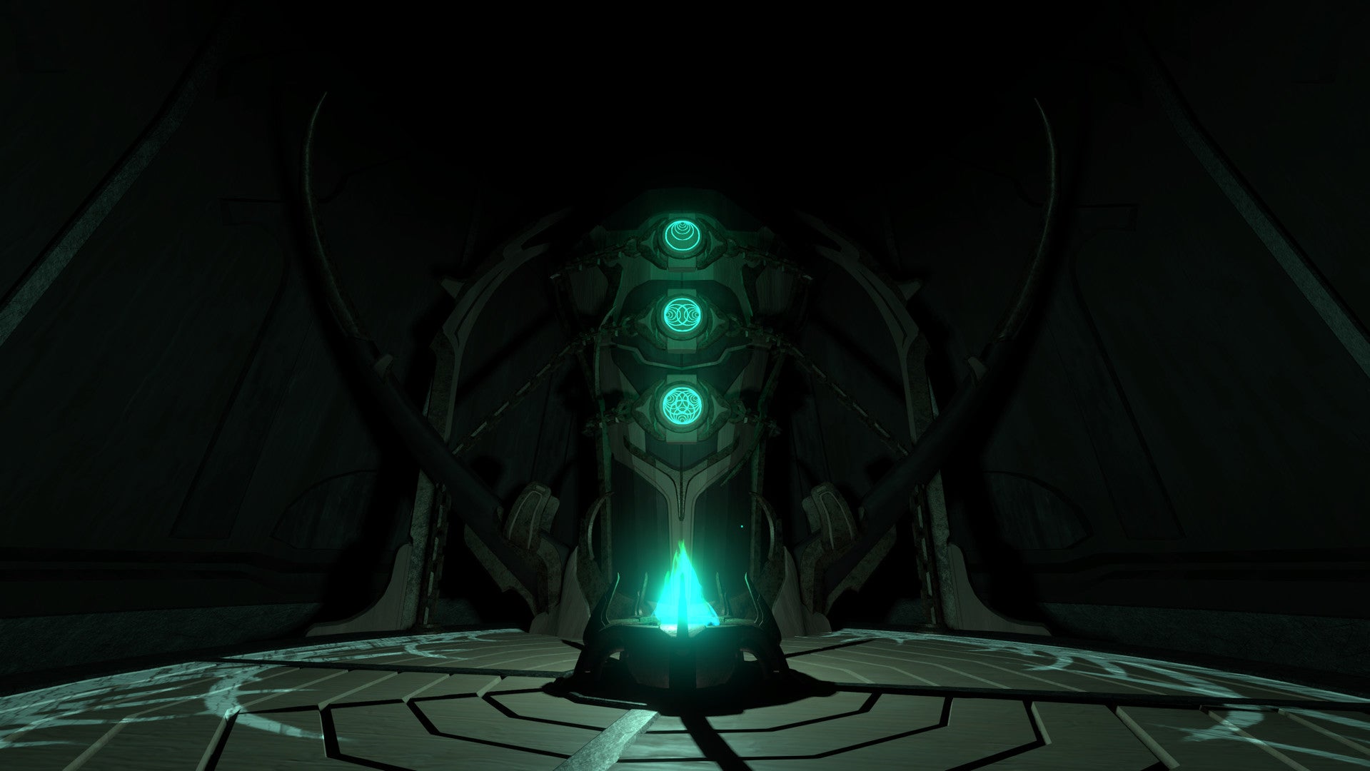 A screenshot of a large grey and green structure from the Outer Wilds DLC, Outer Wilds: Echoes Of The Eye