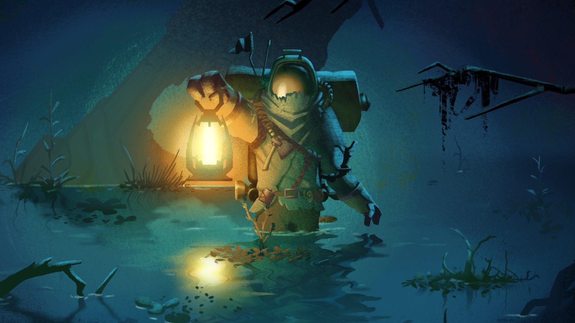 A space man from Outer Wilds trudging through some water with a lantern.