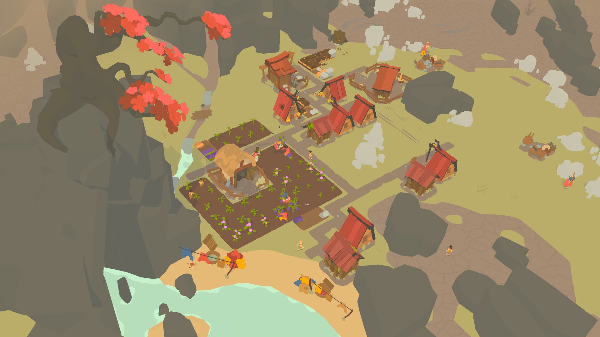 An isometric top down view of a cell-shaded coastal village in Outlanders