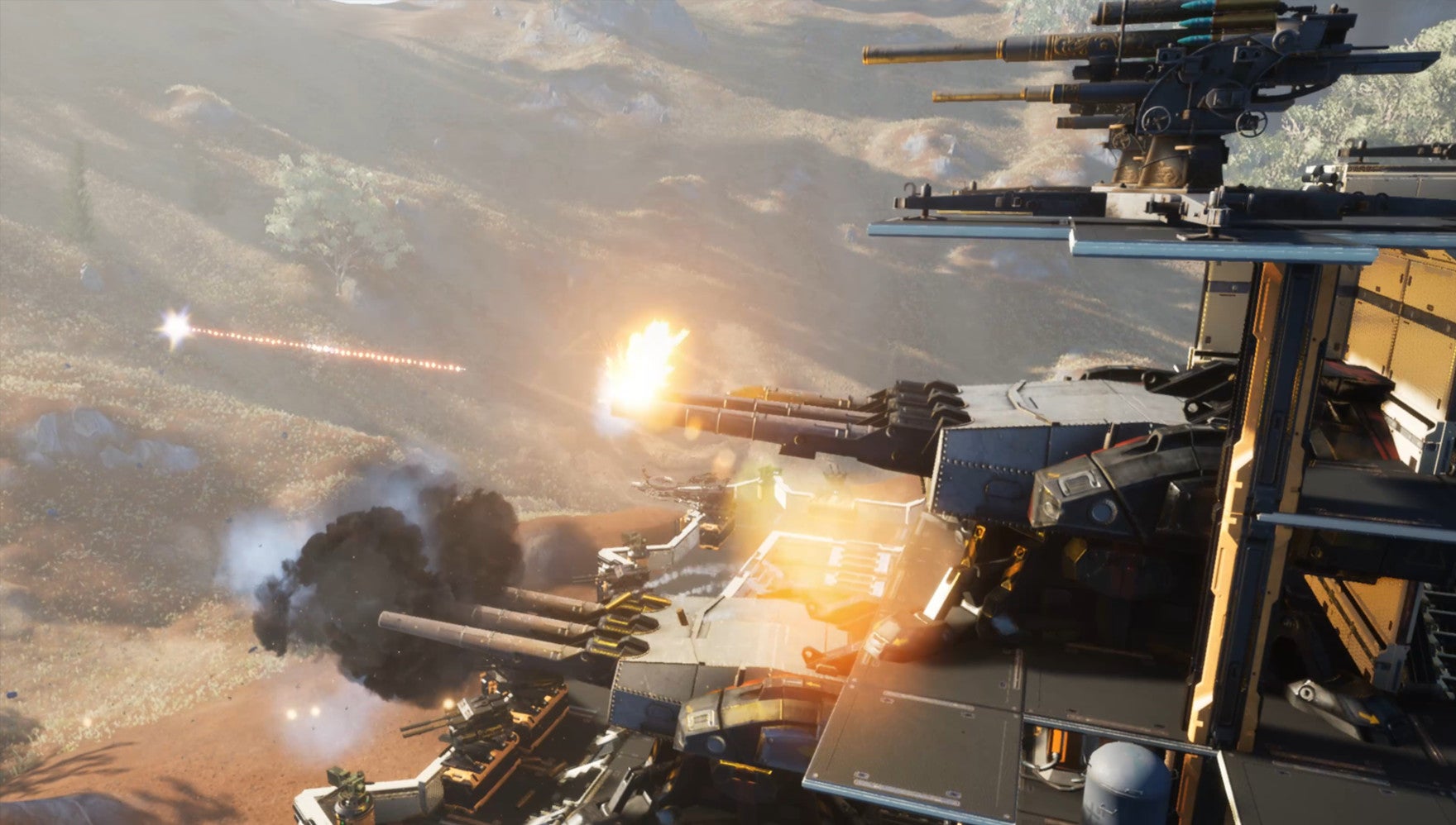 Turrets aim and fire from your enormous base in first-person shooter Outpost.