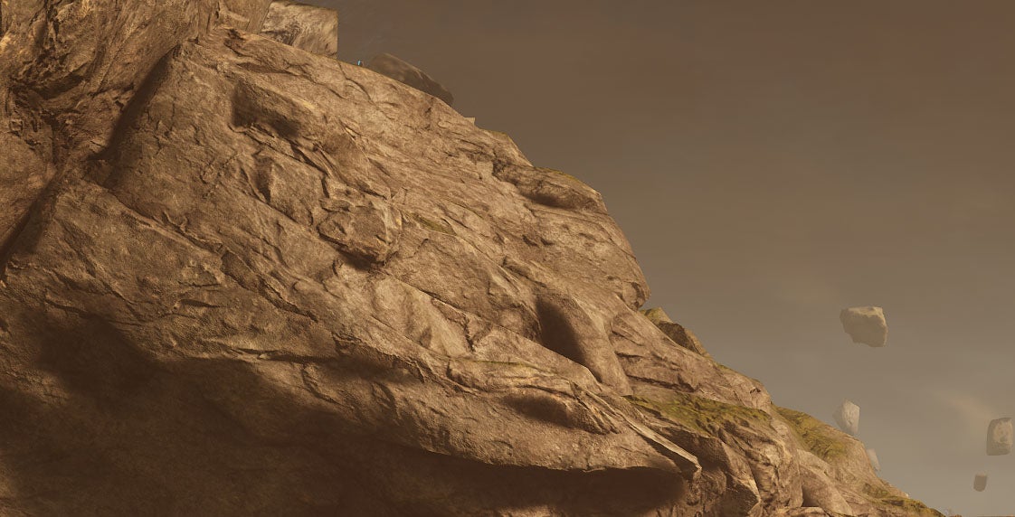 A close-up of a rocky outcrop in Outriders, at 4K Ultra settings with DLSS Quality enabled