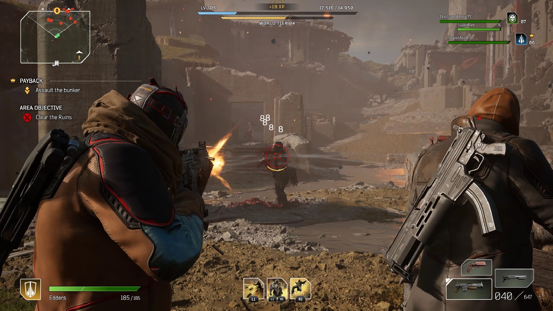 A screenshot of Outriders which shows my character shooting a baddie.