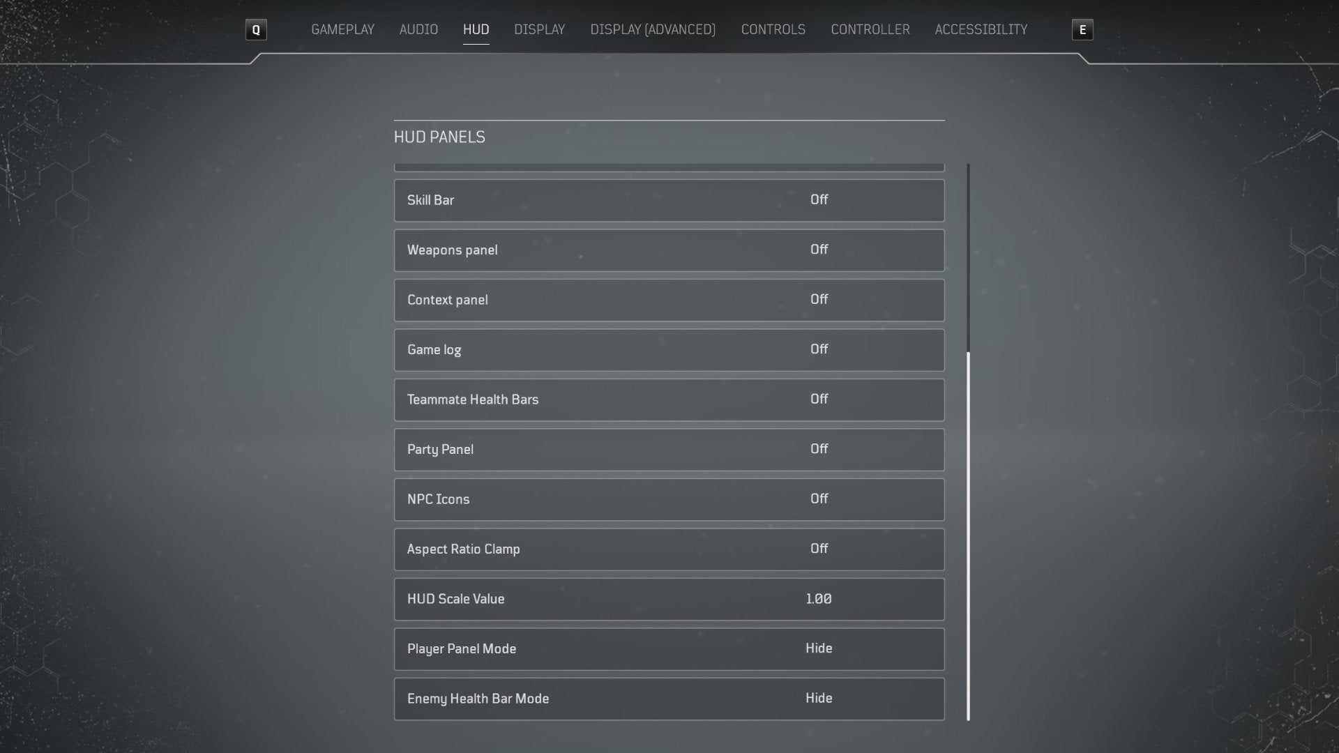 A screenshot of the Outriders HUD settings menu, with all settings turned off.