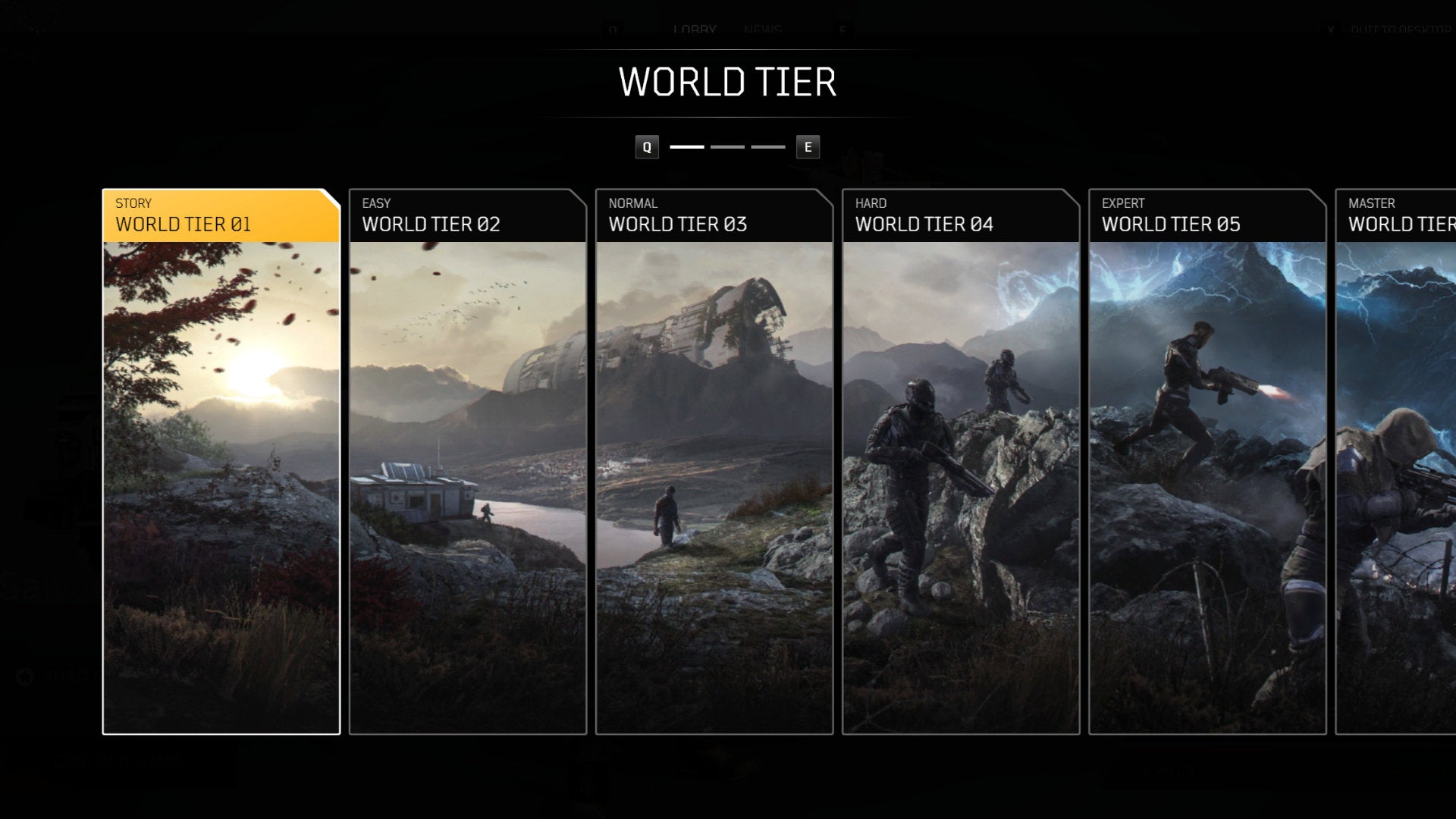 A screenshot of the Outriders World Tier menu, where you select the World Tier you'd like to play with.