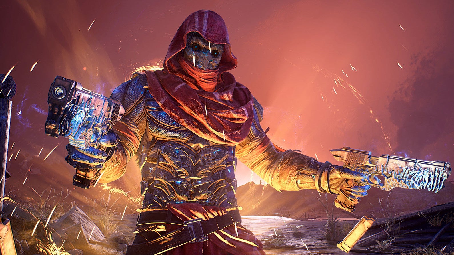 A hooded figure with two pistols in an Outriders screenshot.