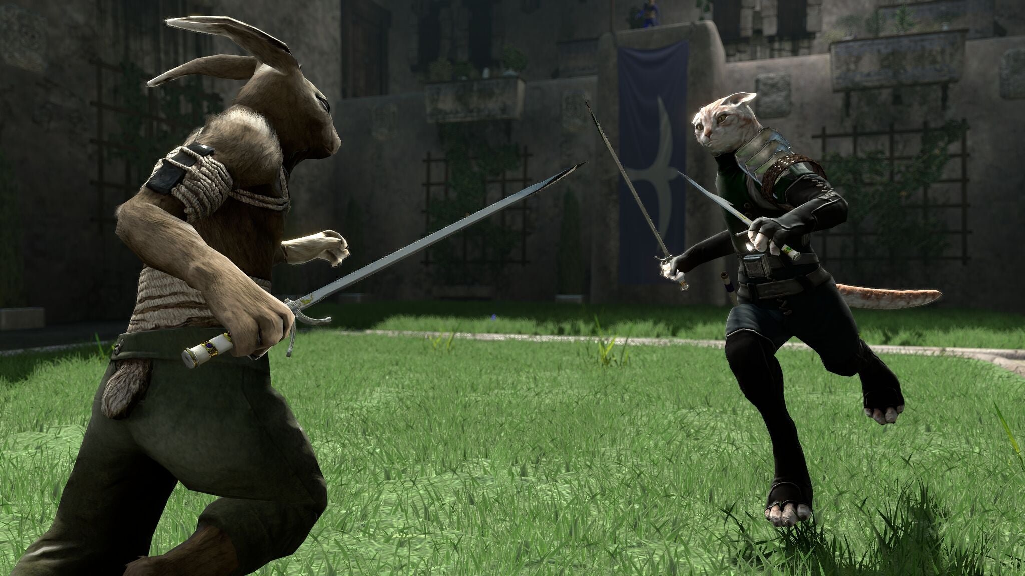 A screenshot of Overgrowth in which an anthropomorphic cat holding two blades rushes towards a shirtless, anthro bunny holding one sword.