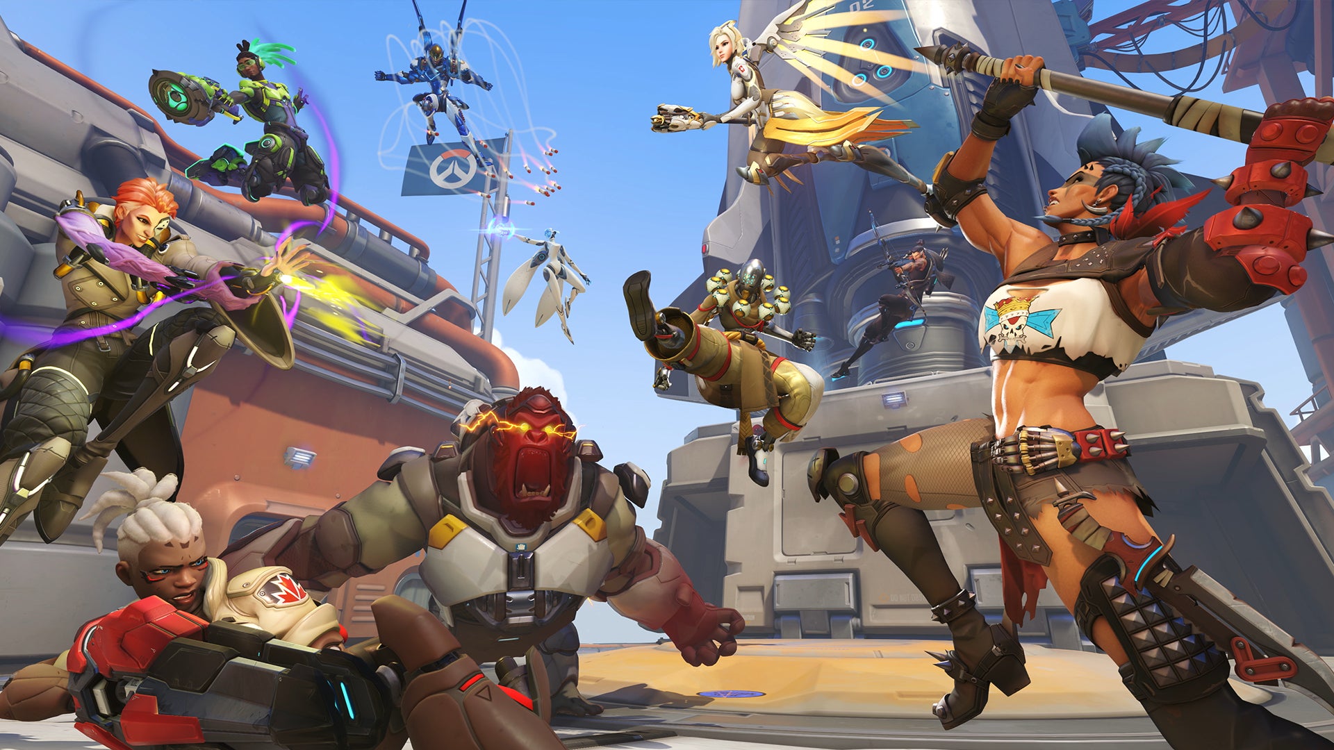 A shot of various different heroes from Overwatch 2 posing in front of the camera.