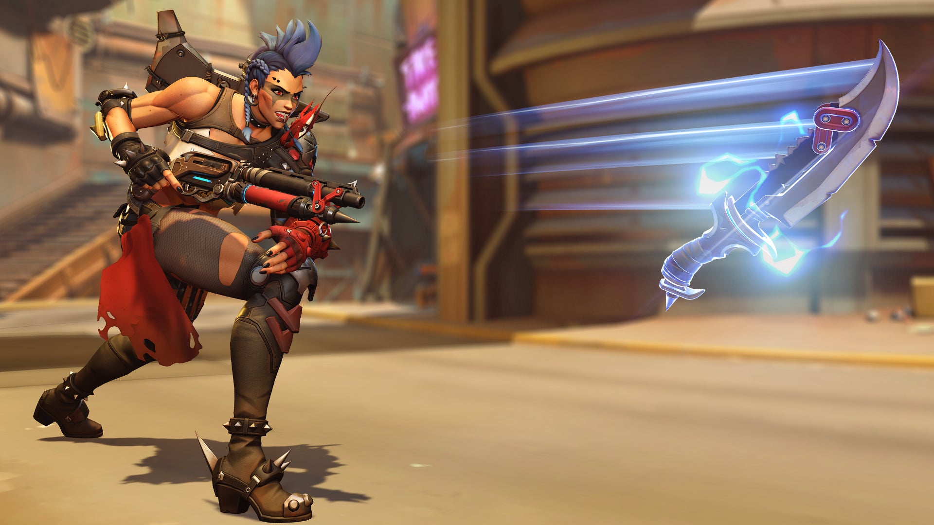 Junker Queen, a hero in Overwatch 2, throws her knife and races after it holding her shotgun.