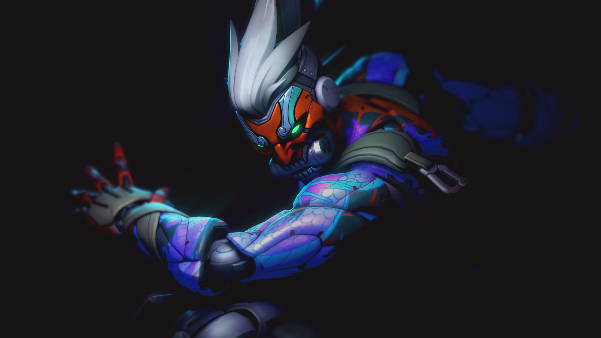 Et nærbilde av Genji, en helt i Overwatch 2, iført et mytisk skinn.