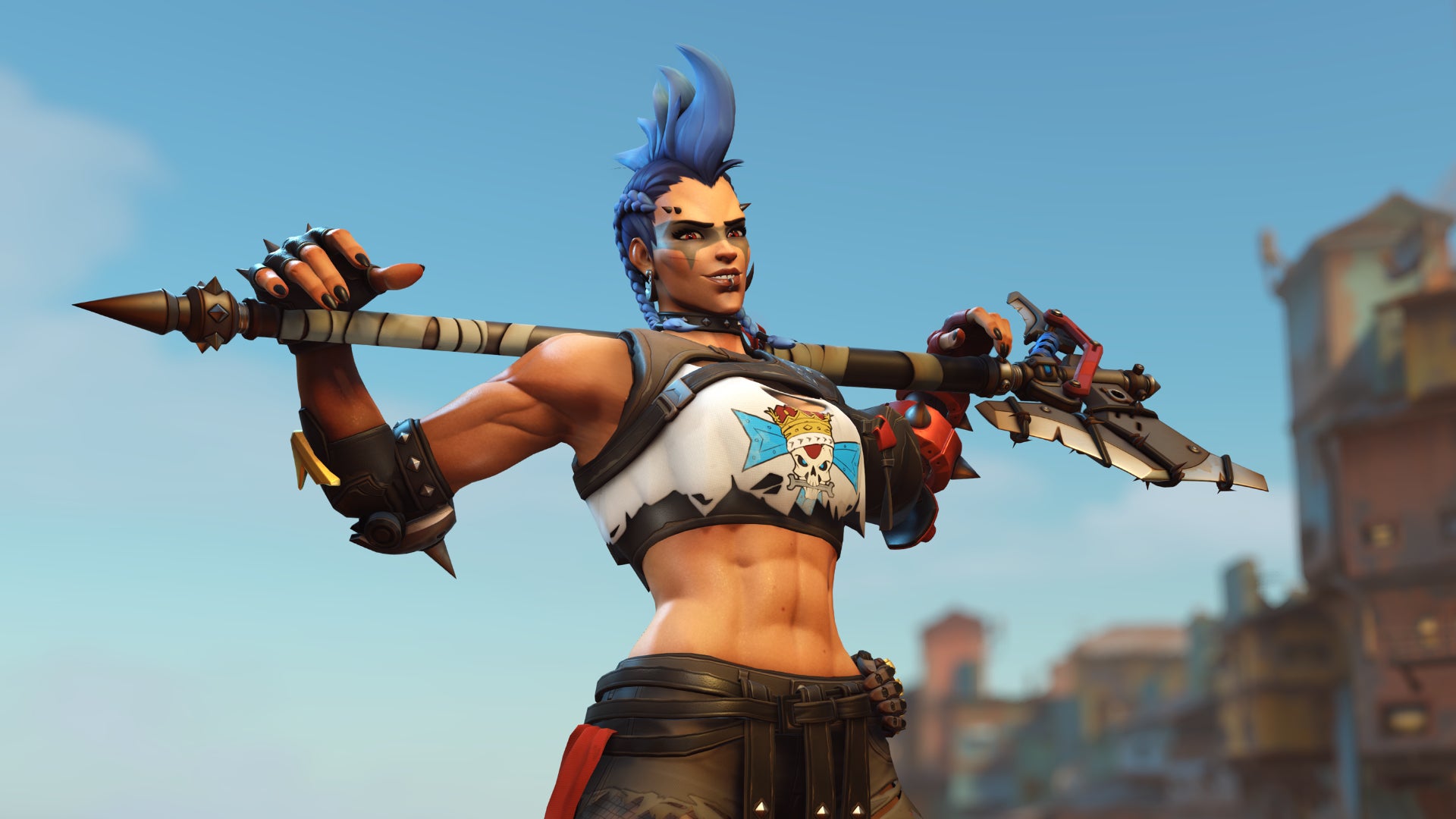 Junker Queen, a heroine from Overwatch 2, poses in front of the camera, both arms holding the ax resting on her back.