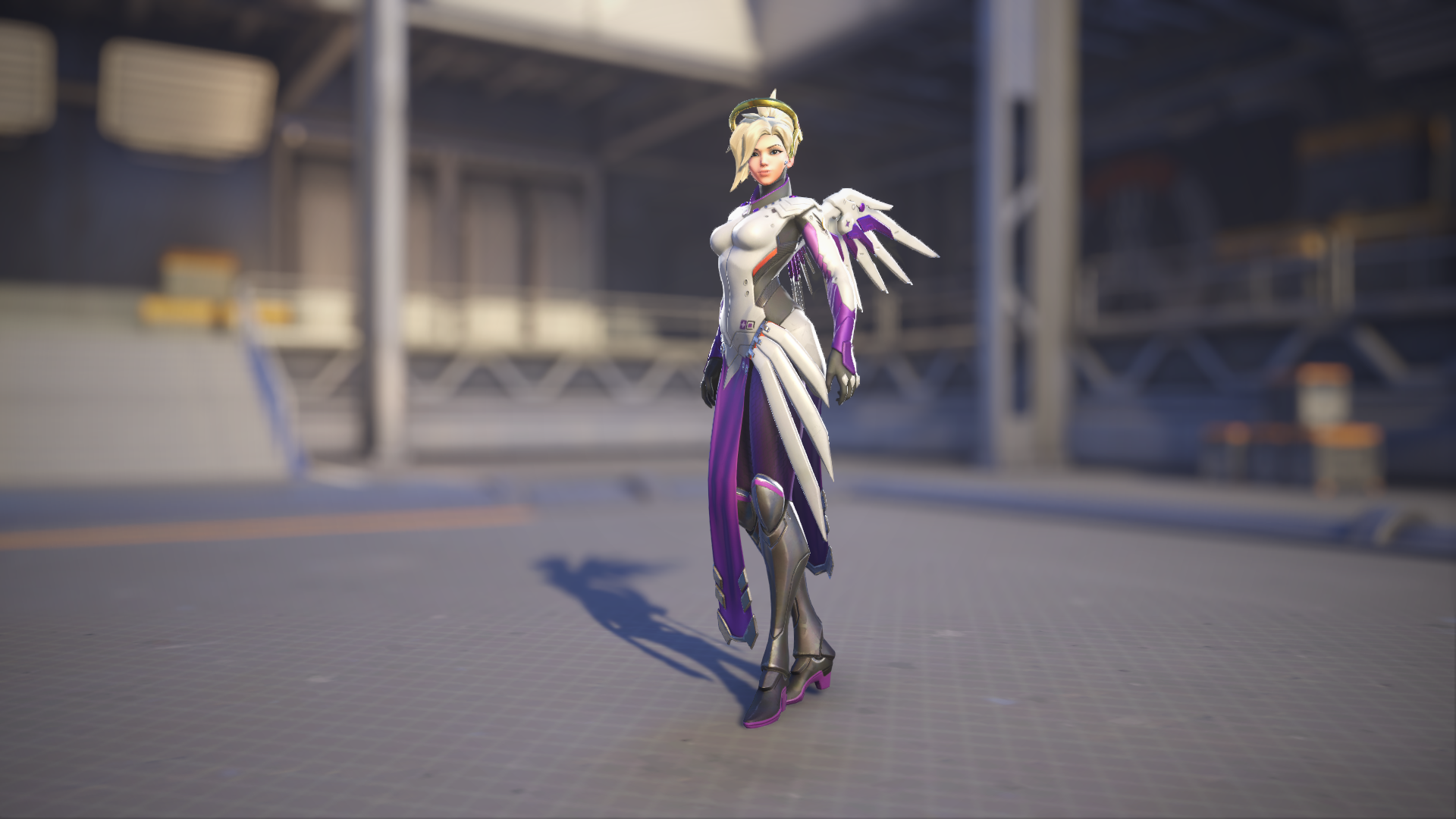 Mercy models her Orchid skin in Overwatch 2.