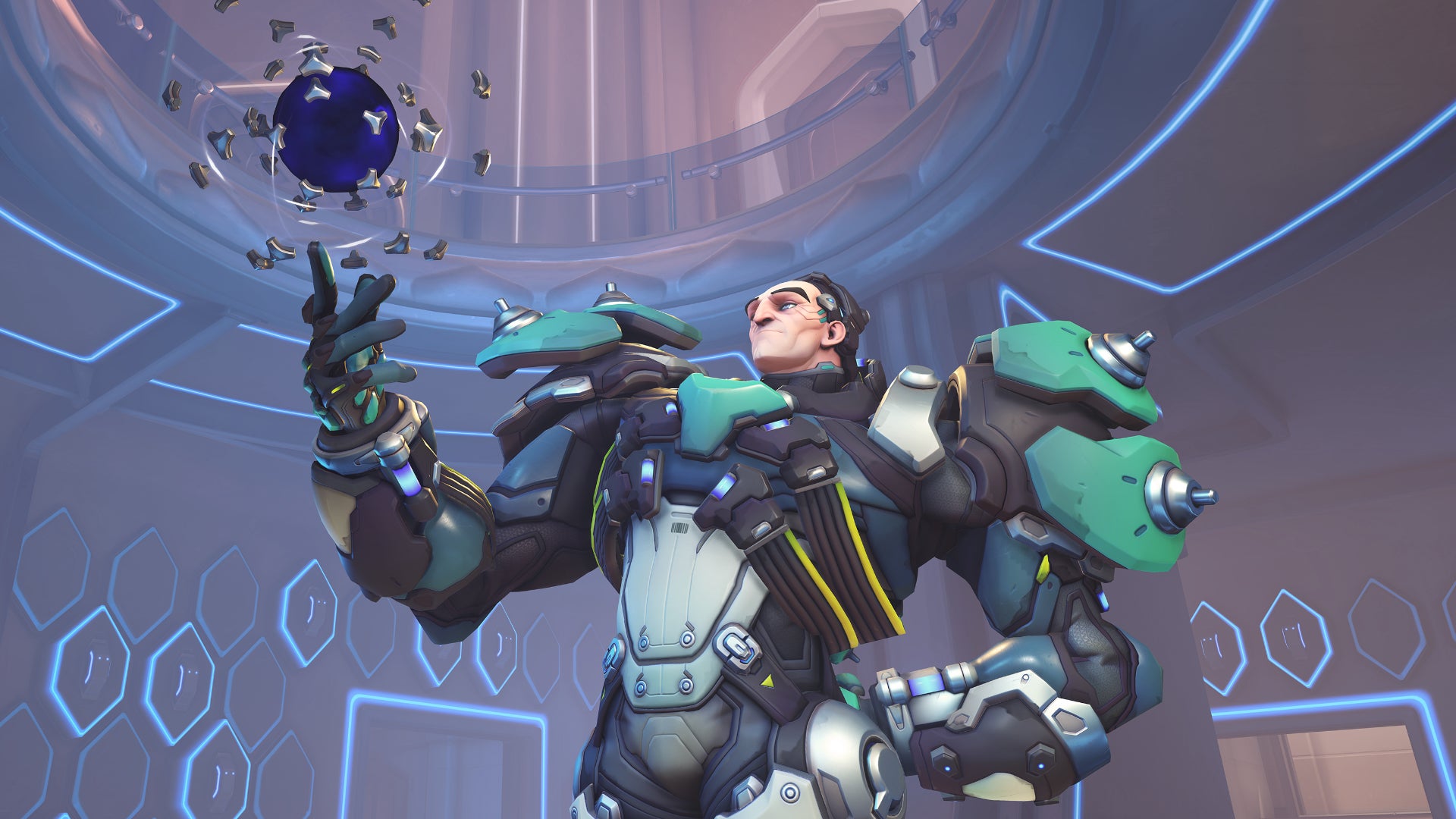 Sigma, a hero in Overwatch 2, plays with one of his hyperspheres in a high-tech indoor location.