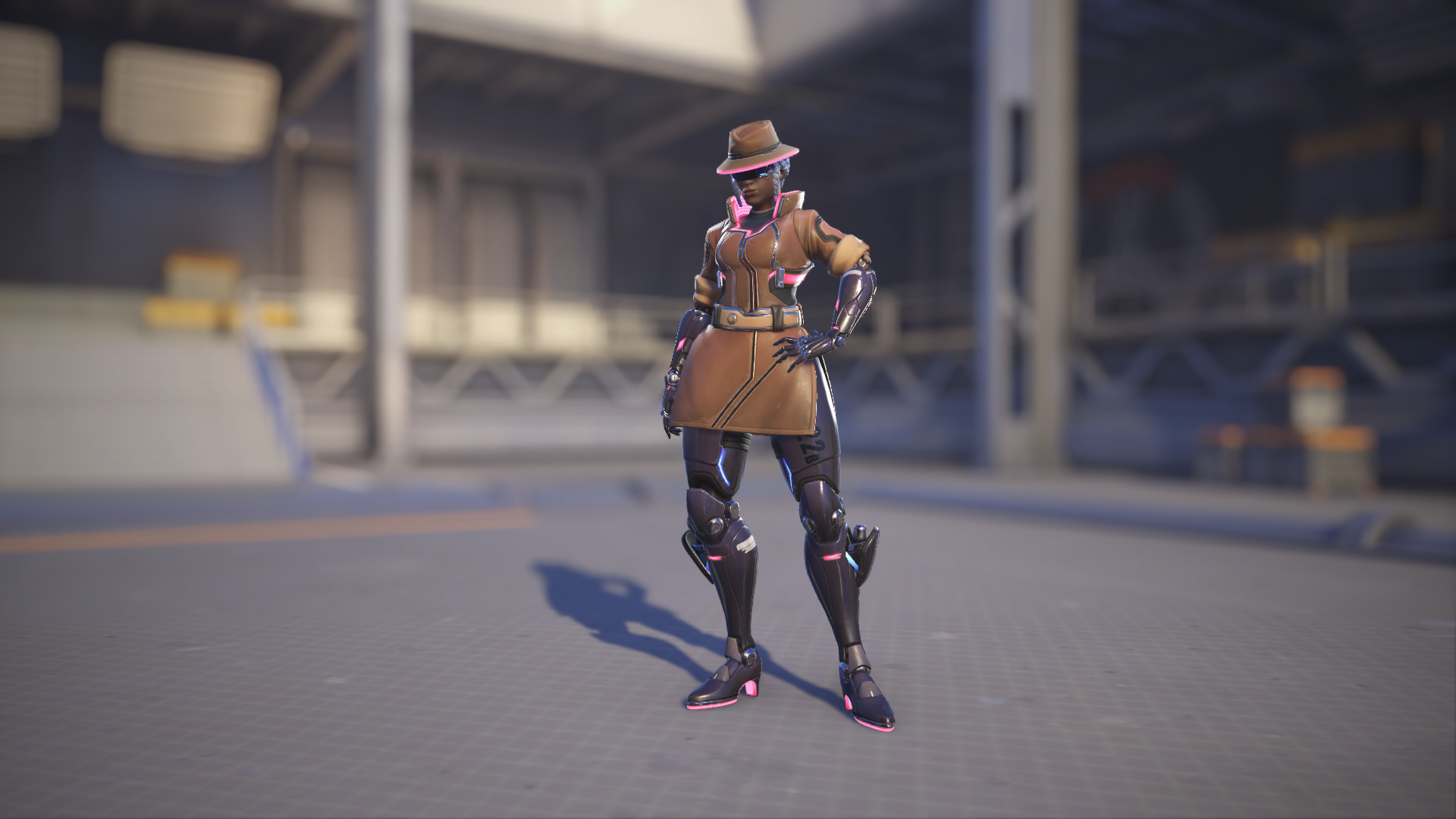 Sojourn models her Cyber Detective skin in Overwatch 2.