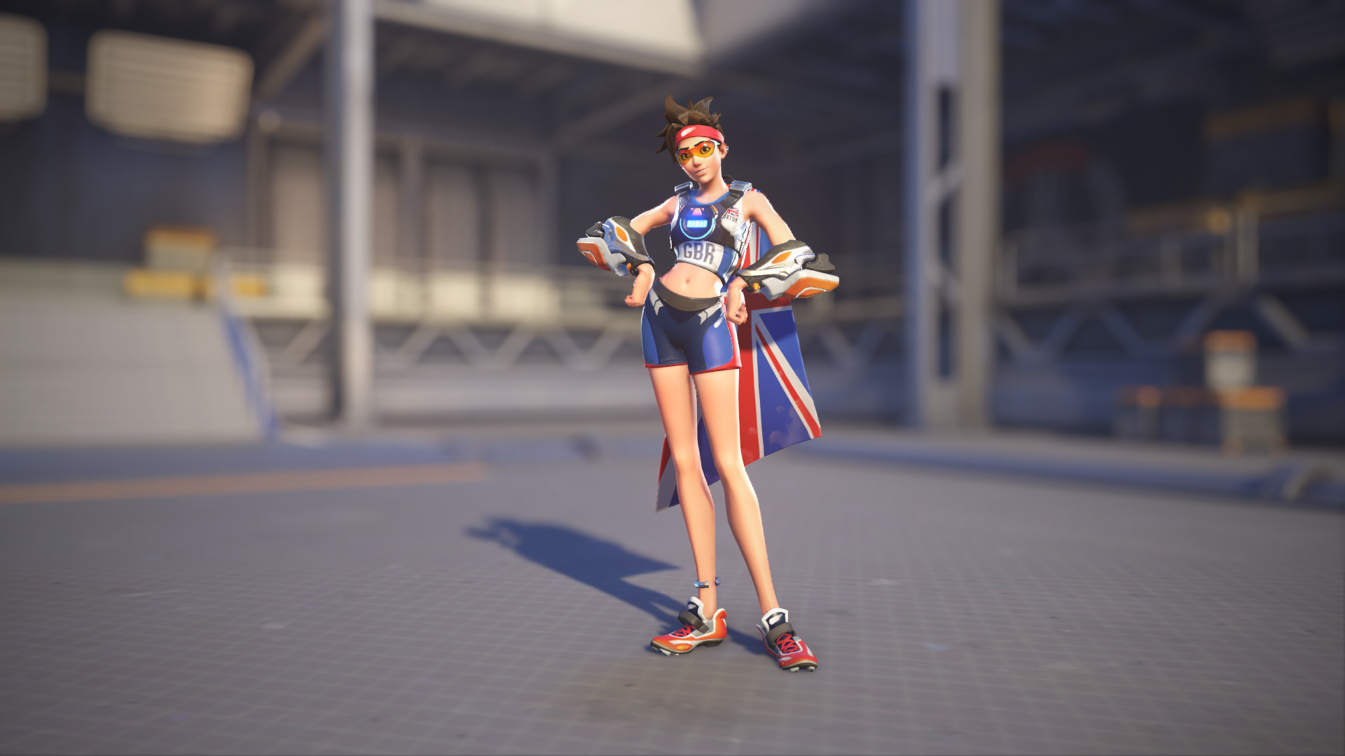 Tracer models her Track and Field skin in Overwatch 2.