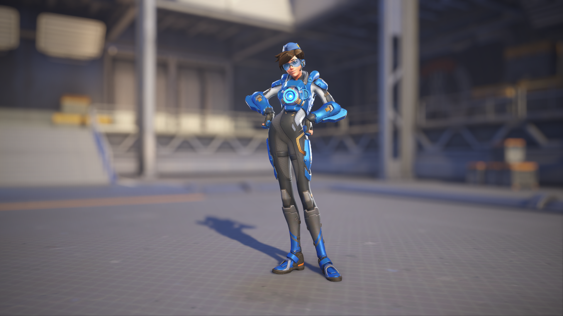 Tracer models her Cadet Oxton skin in Overwatch 2.