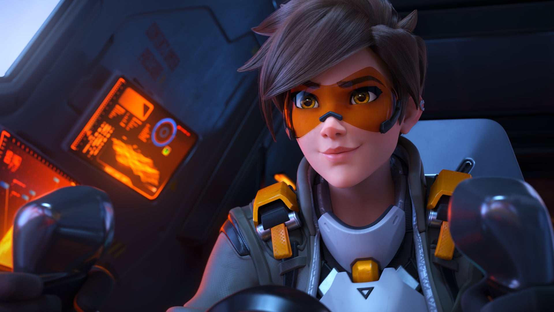 Tracer, a hero from Overwatch 2, looks past the camera while piloting a ship.