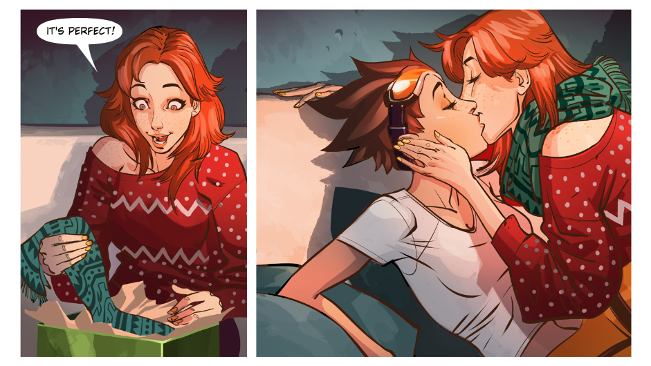 Emily and Tracer share a Christmas kiss in an Overwatch webcomic, Reflections.