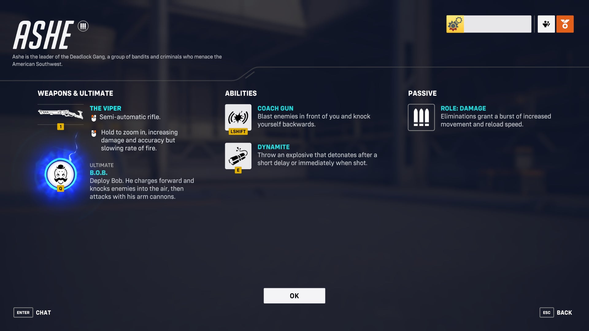 A screen from Overwatch 2 showcasing the abilities of the hero Ashe.