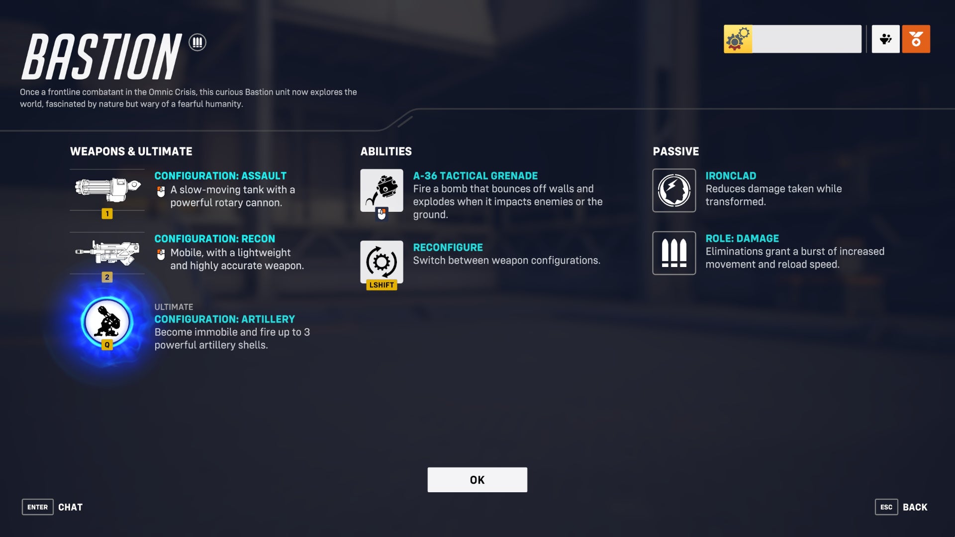 A screen from Overwatch 2 showcasing the abilities of the hero Bastion.