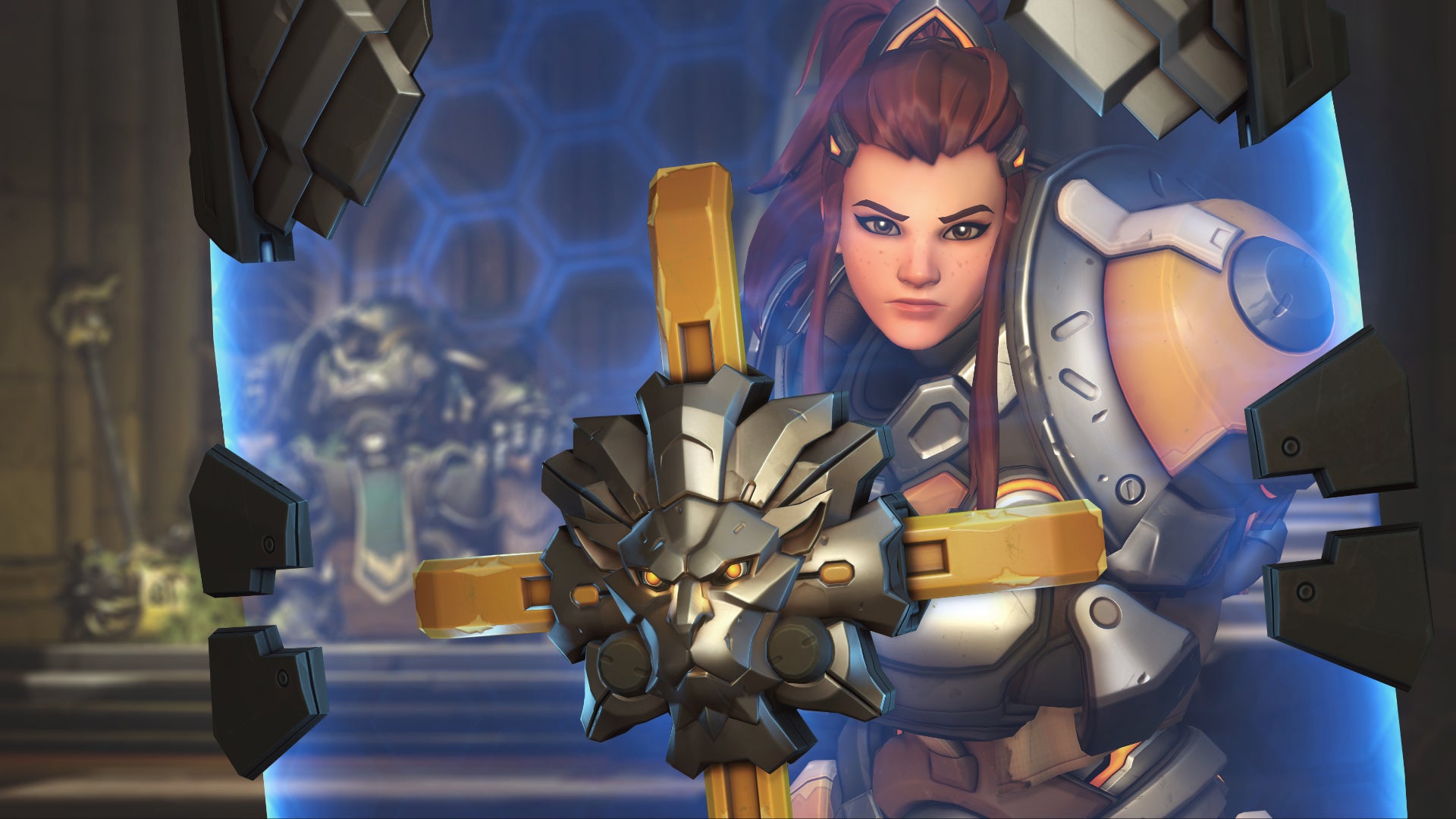 Brigitte, a hero in Overwatch 2, looks at the camera from behind her shield.