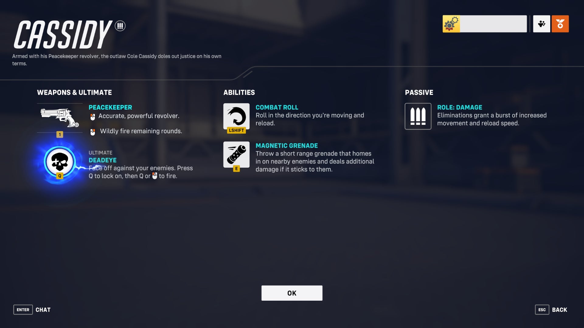 A screen from Overwatch 2 showcasing the abilities of the hero Cassidy.