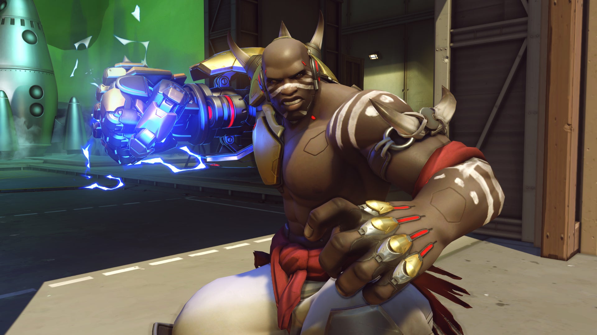 Doomfist, a hero in Overwatch 2, winds up a punch with his gauntlet.