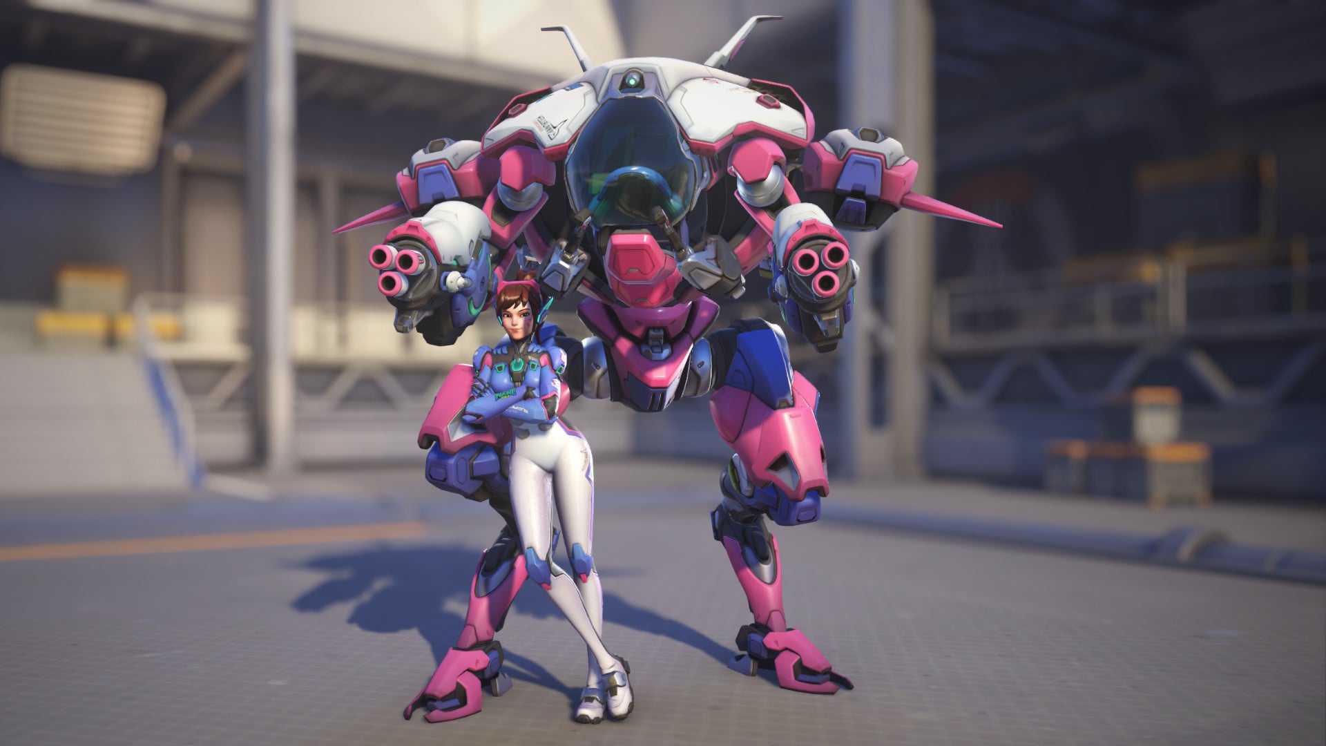 D.Va, a hero in Overwatch 2, poses before the camera in the hero selection screen.