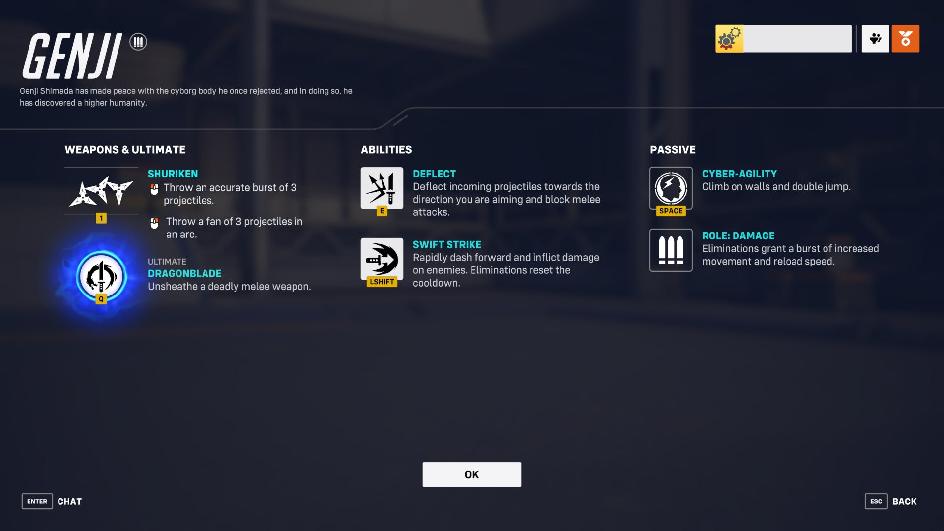 A screen from Overwatch 2 showcasing the abilities of the hero Genji.