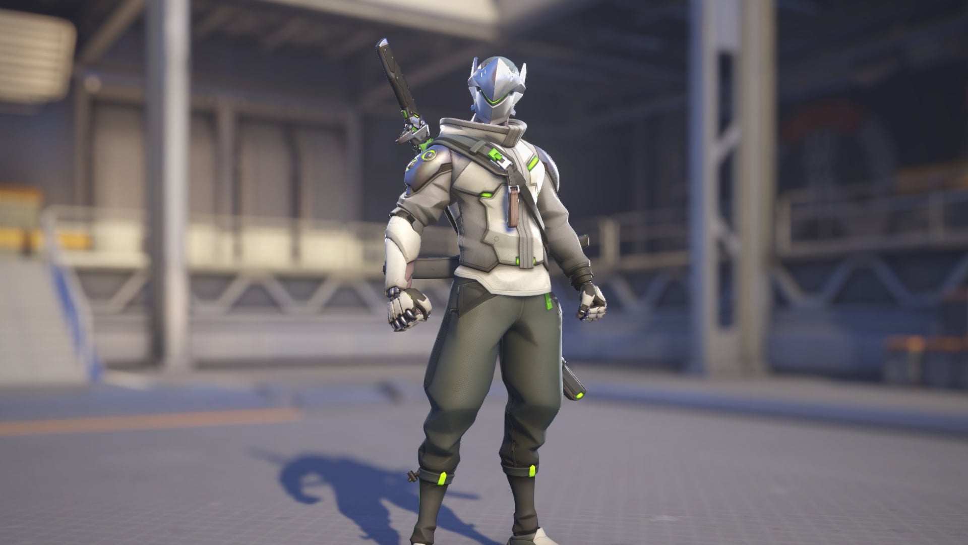 Genji, a hero in Overwatch 2, poses before the camera in the hero selection screen.