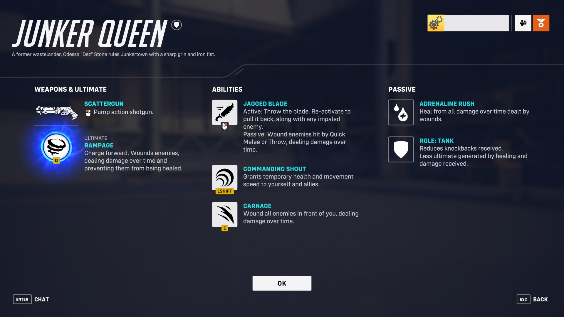 A screen from Overwatch 2 showcasing the abilities of the hero Junker Queen.