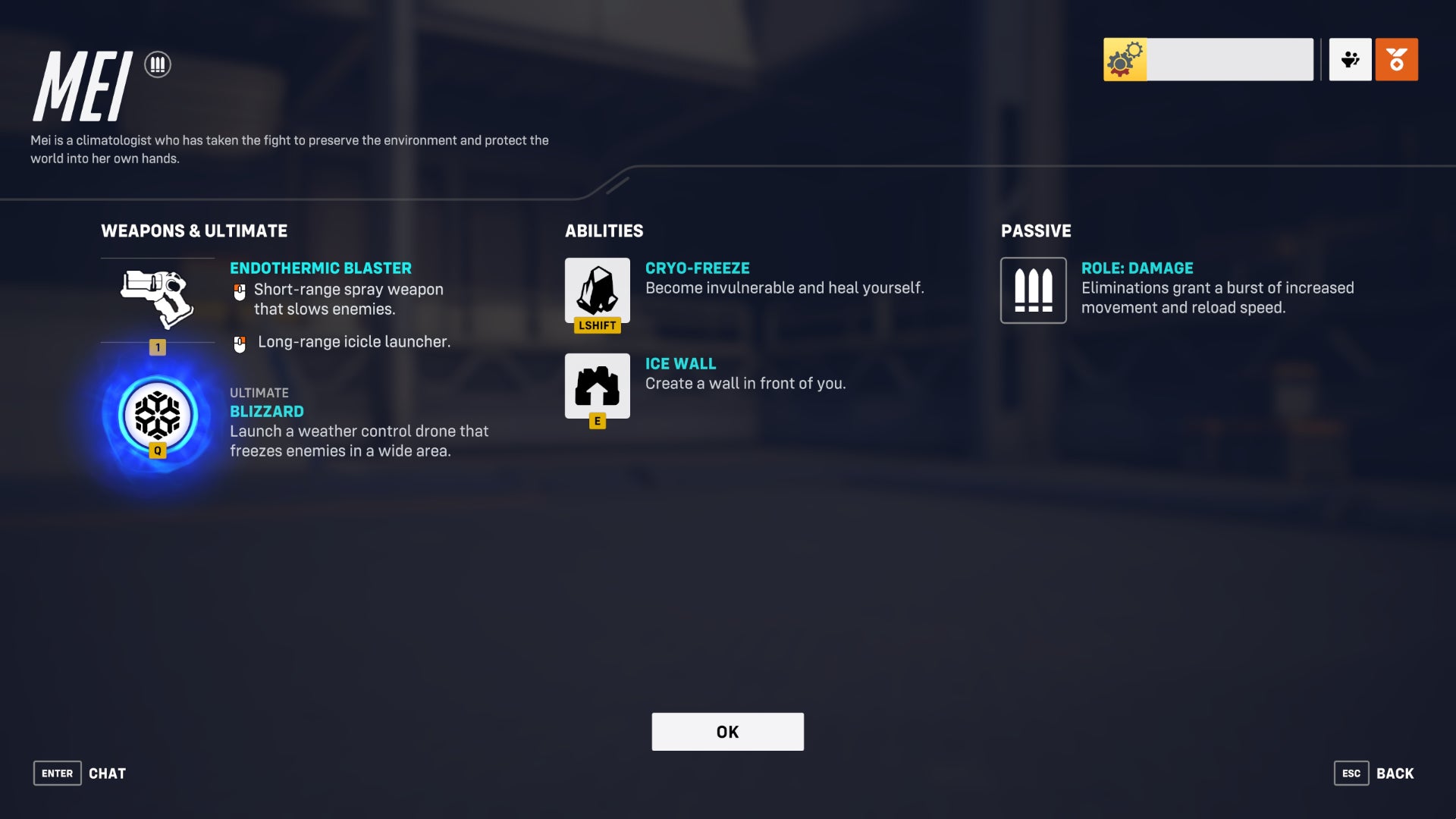 A screen from Overwatch 2 showcasing the abilities of the hero Mei.