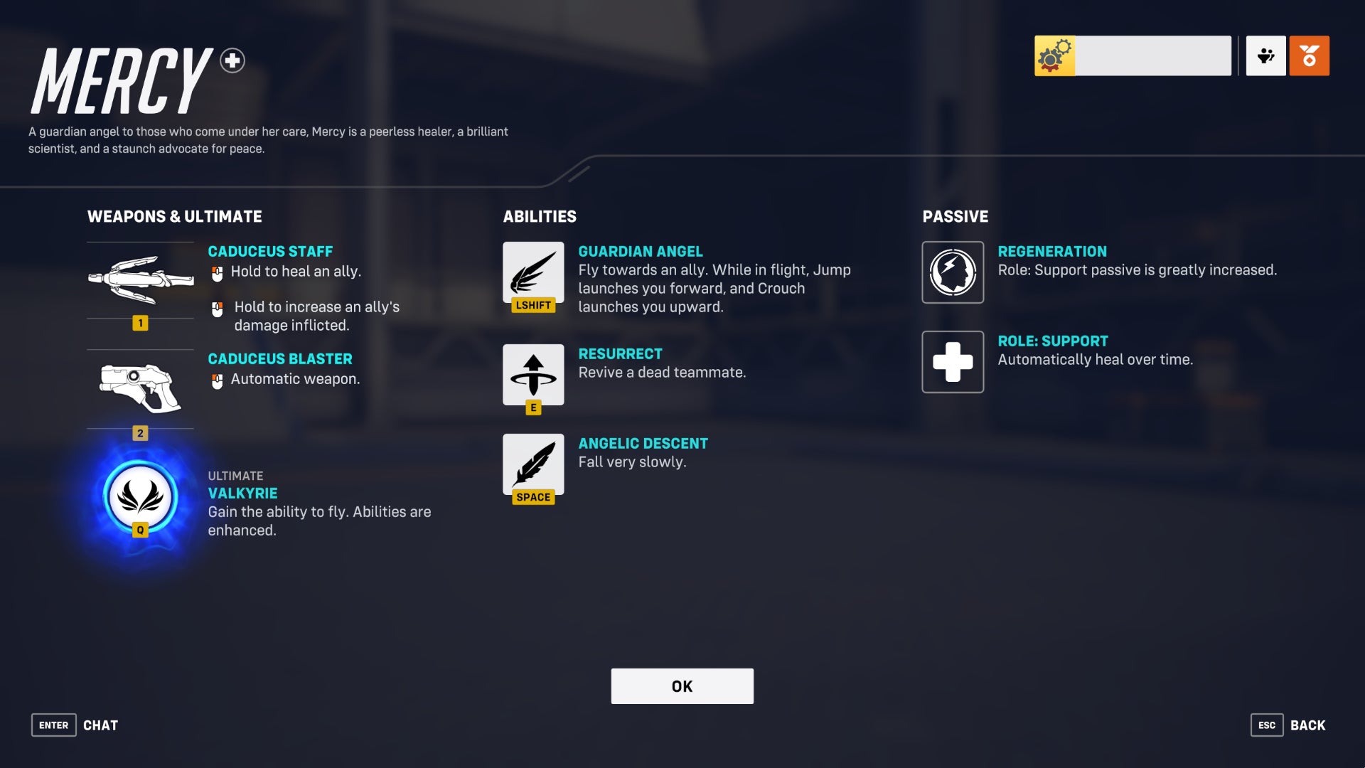 A screen from Overwatch 2 showcasing the abilities of the hero Mercy.