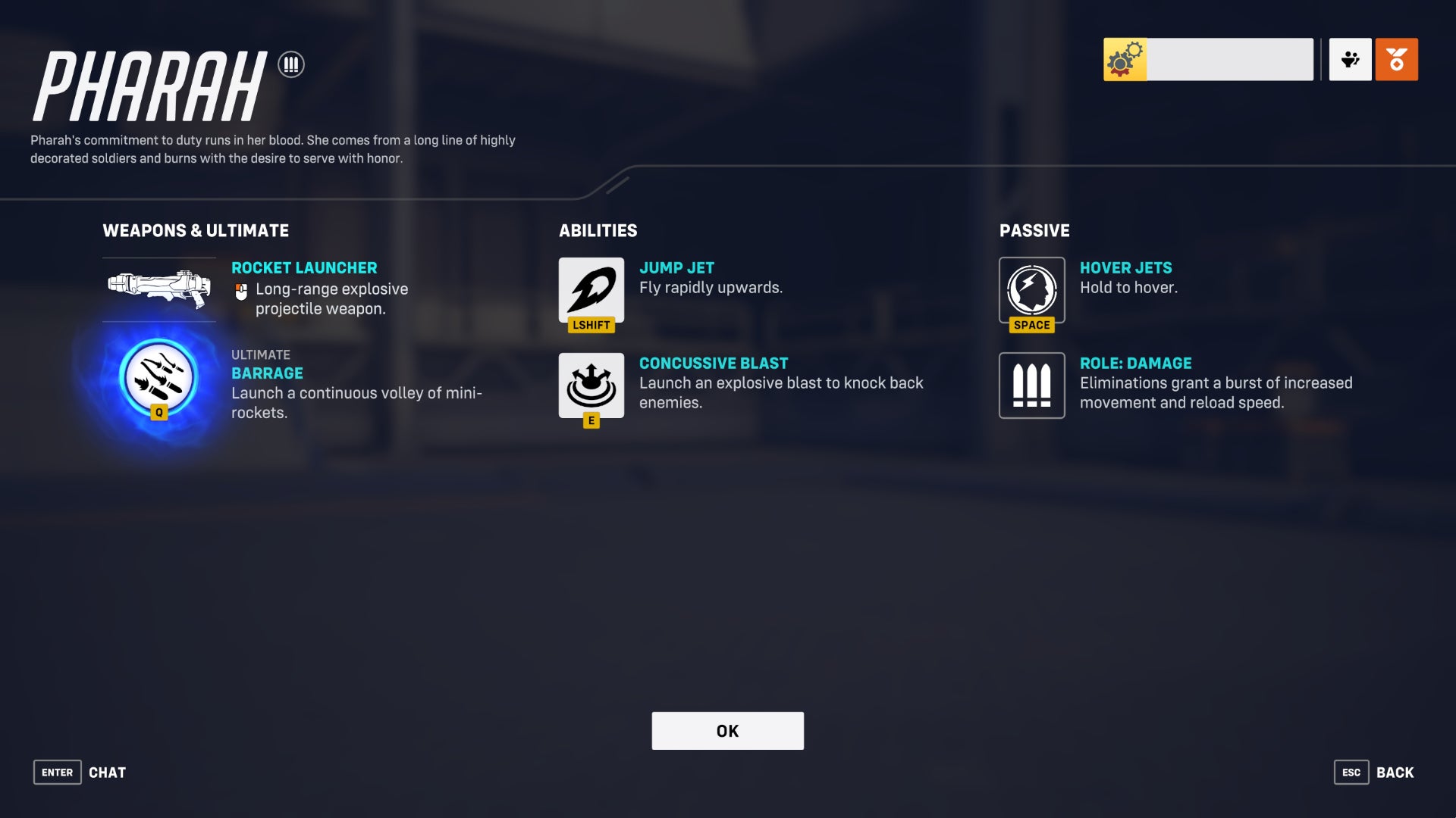 A screen from Overwatch 2 showcasing the abilities of the hero Pharah.