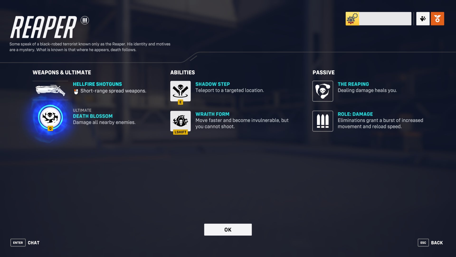 A screen from Overwatch 2 showcasing the abilities of the hero Reaper.