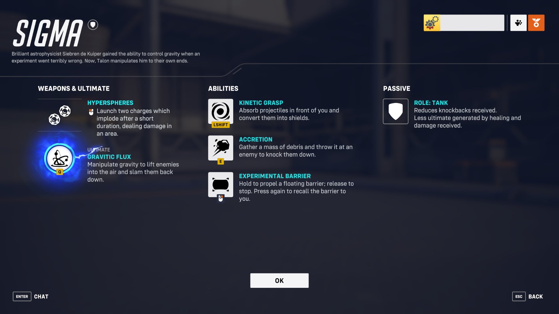 A screen from Overwatch 2 showcasing the abilities of the hero Sigma.