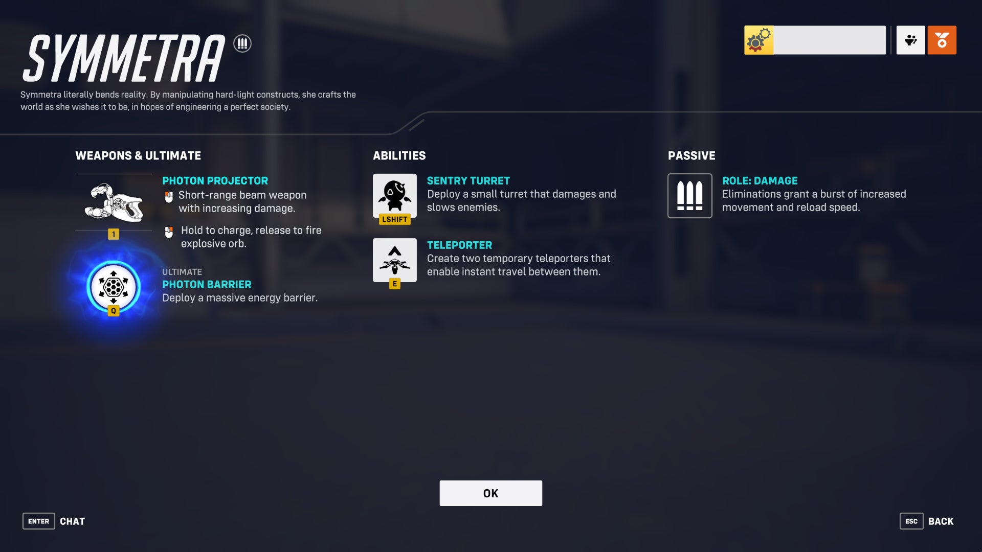 A screen from Overwatch 2 showcasing the abilities of the hero Symmetra.