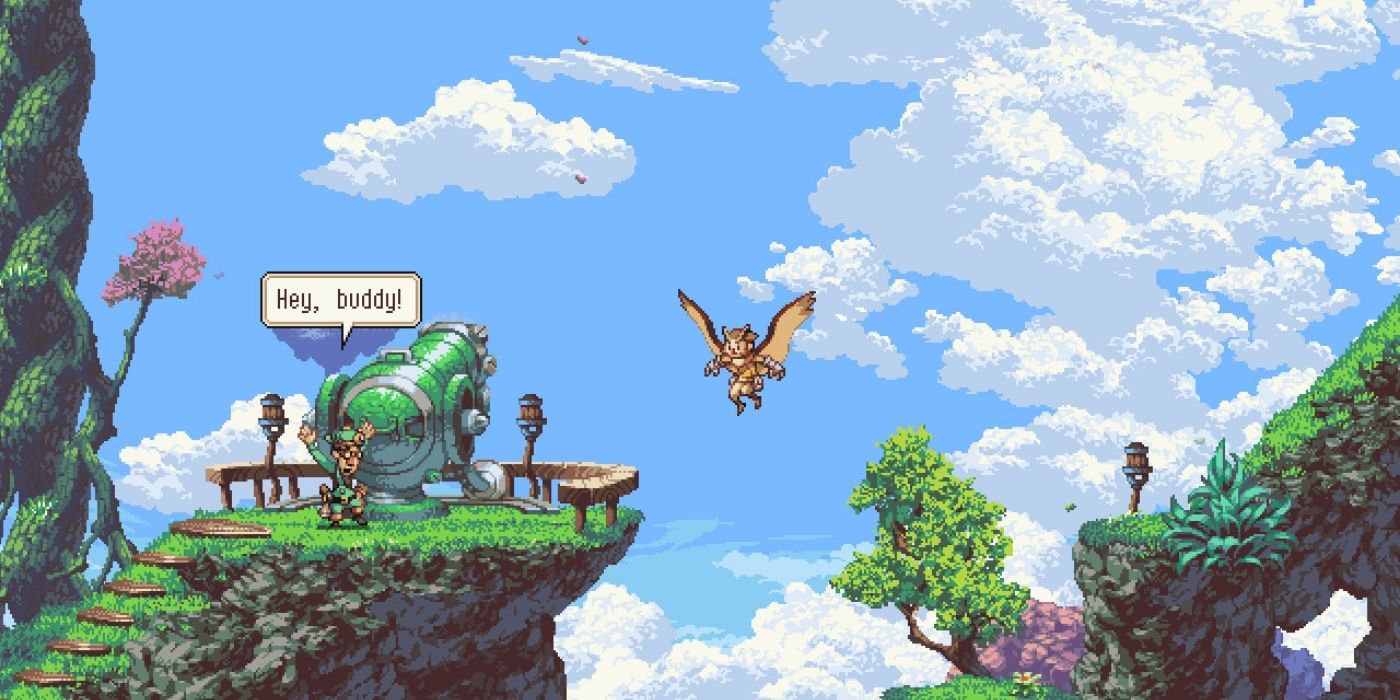 Owlboy platform game, character greeting another