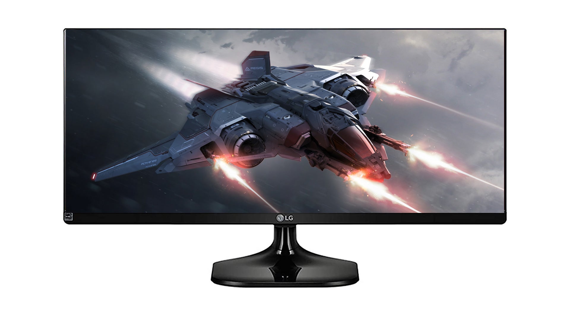 a futuristic spaceship fires lasers on an ultrawide monitor, although the bezels of the monitor appear too small to be realistic.