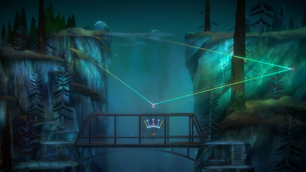 Oxenfree 2: Lost Signals - A character stands on a bridge at night with a radio frequency dial highlighted over their head. The Frequency lines shine through the air, slicing through a nearby tree in their way.