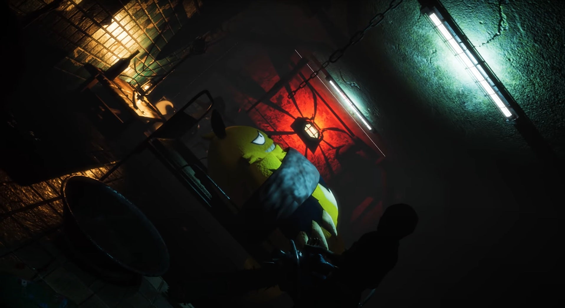 A screenshot of Palworld showing one of its friendly-looking monsters strapped to a bed in a grim, horror-lit room.