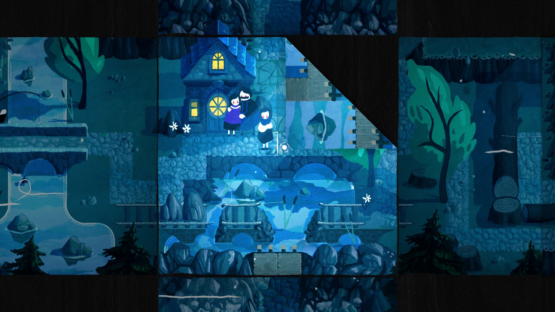 The starting area in 2D world-folding puzzle game Paper Trail, a blue-and-green toned hamlet with your parents standing proudly by a little house